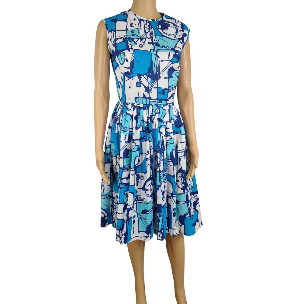 1960s Sears Blue White Wallpaper Graphic Fit Flare Pleated Midi Zip Dress Size S
